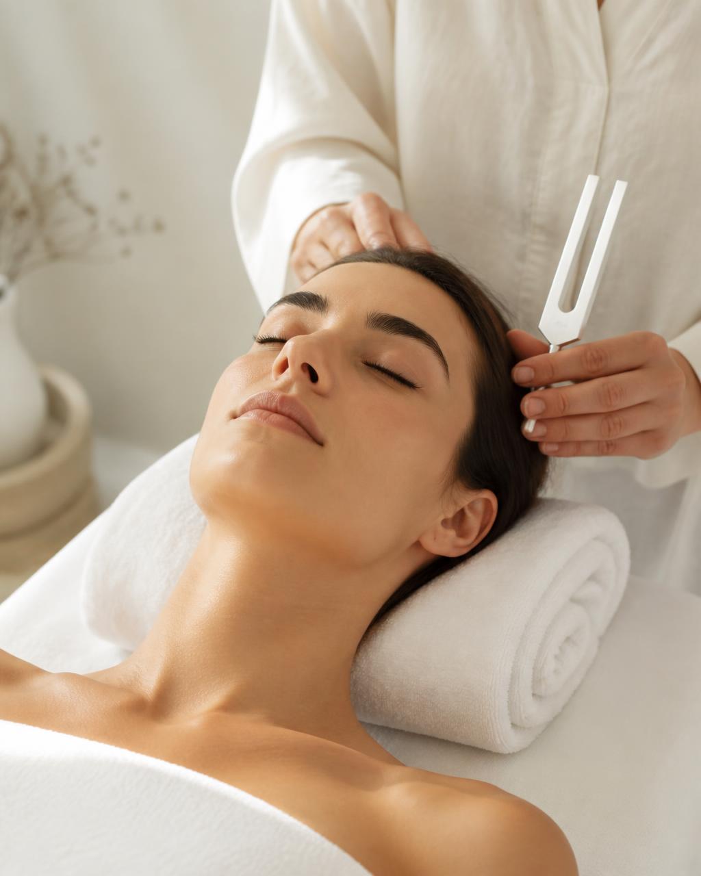 Mujer relajada recibiendo terapia con diapasón en camilla de spa