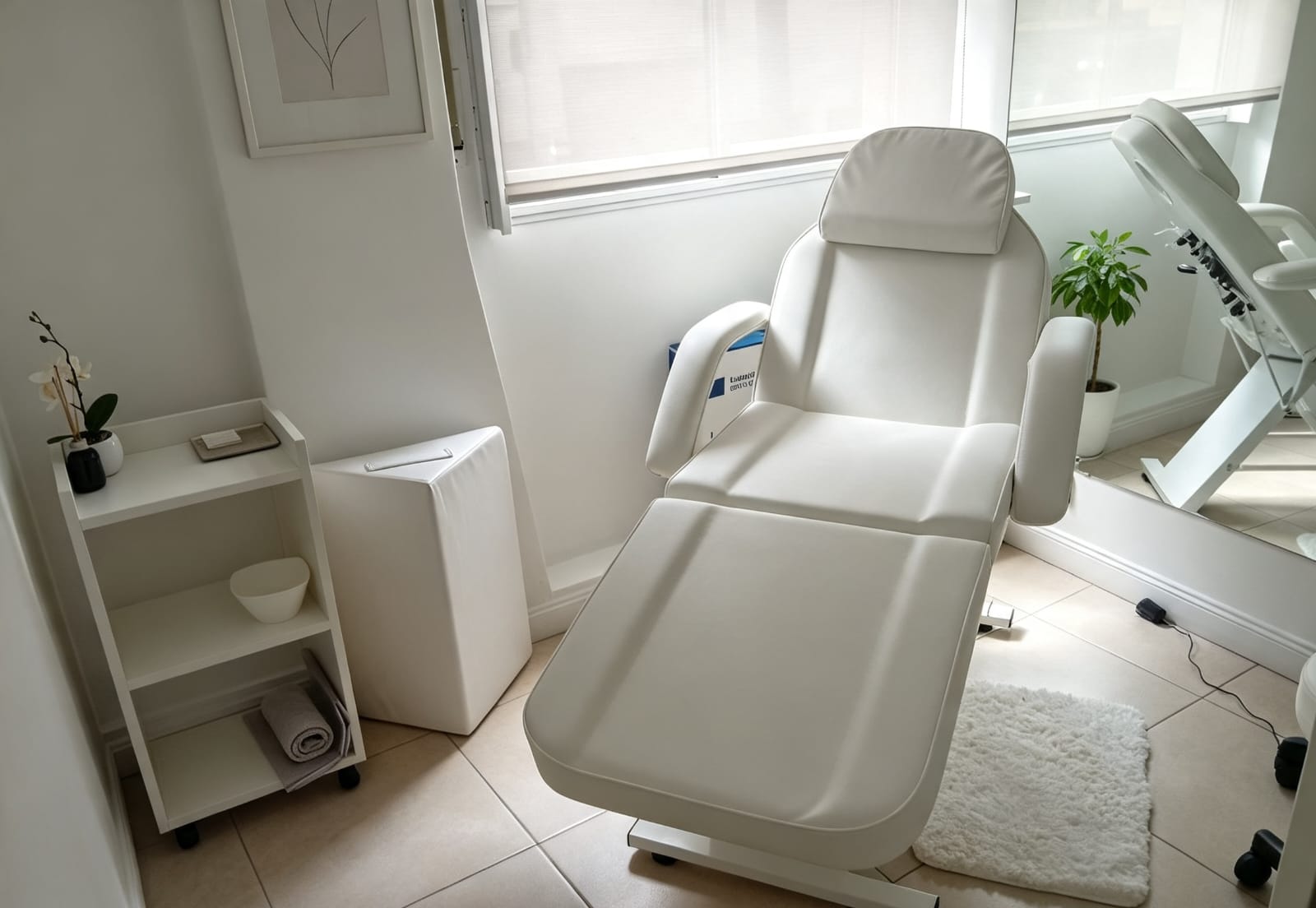 Cabina de tratamientos con sillón blanco, luz natural y detalles de calma