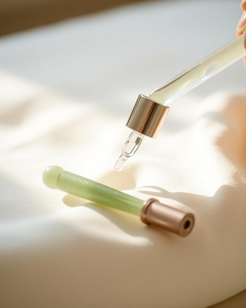 Sérum facial y rodillo de jade sobre lino claro