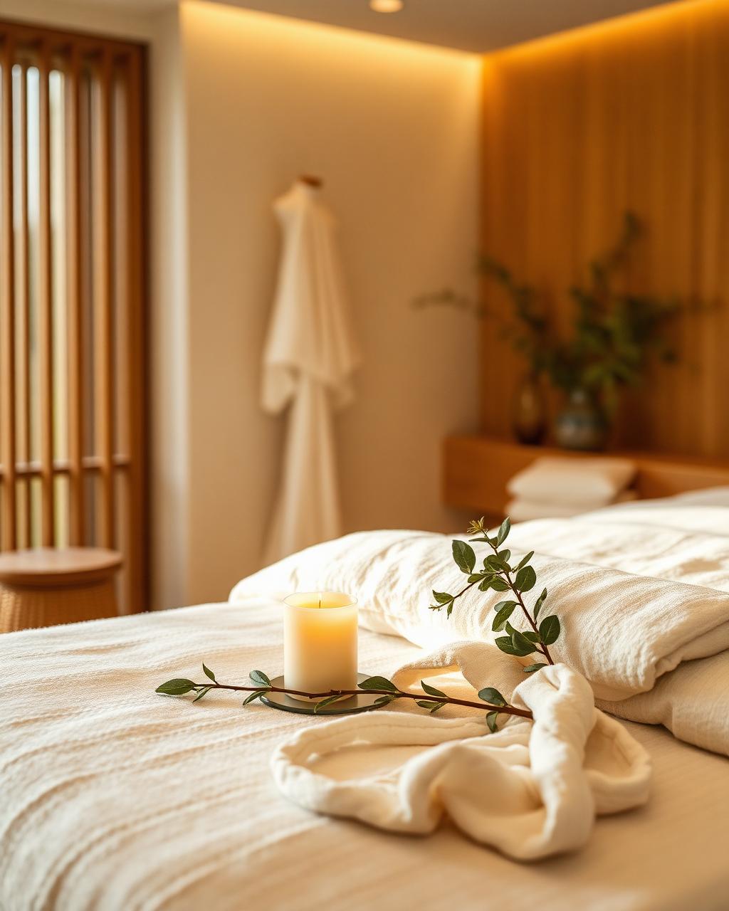 Sala de spa con vela, rama de eucalipto y textiles de lino